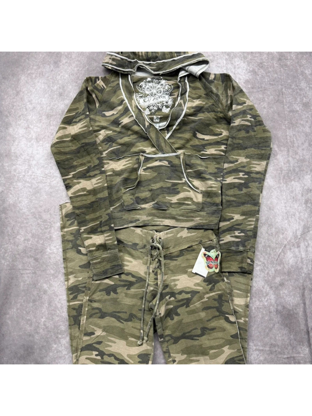 NWT Vintage Self Esteem Camo Tracksuit Set Hoodie Flare Pants Y2K 2000s
